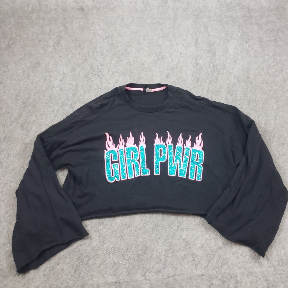 HM Sweater Women Medium Black Blue Crop Top Sweatshirt Girl Power Sequin Ladies